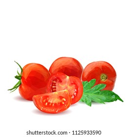 Fresh, nutritious, tasty red tomatoes. Delicious and healthy lunch. Vector illustration. Vegetables ingredients in triangulation technique. Tomato low poly. Cutting vegetable.