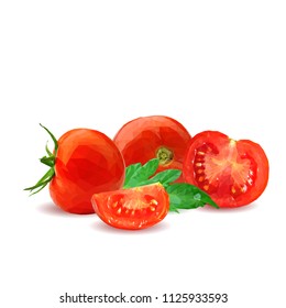 Fresh, nutritious, tasty red tomatoes. Delicious and healthy lunch. Vector illustration. Vegetables ingredients in triangulation technique. Tomato low poly. Cutting vegetable.