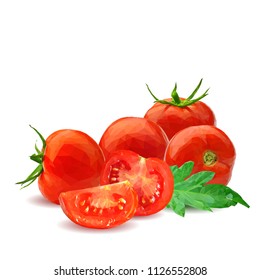 Fresh, nutritious, tasty red tomatoes. Delicious and healthy lunch. Vector illustration. Vegetables ingredients in triangulation technique. Tomato low poly. Cutting vegetable.
