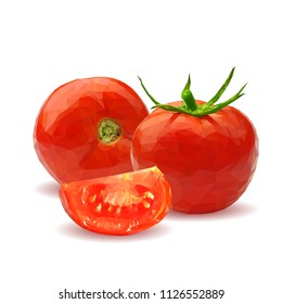 Fresh, nutritious, tasty red tomatoes. Delicious and healthy lunch. Vector illustration. Vegetables ingredients in triangulation technique. Tomato low poly. Cutting vegetable.
