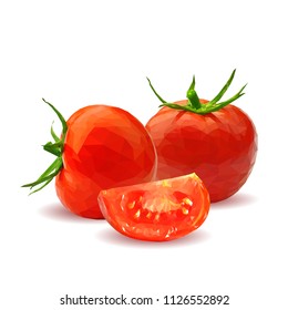 Fresh, nutritious, tasty red tomatoes. Delicious and healthy lunch. Vector illustration. Vegetables ingredients in triangulation technique. Tomato low poly. Cutting vegetable.