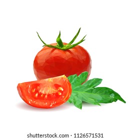 Fresh, nutritious, tasty red tomatoes. Delicious and healthy lunch. Vector illustration. Vegetables ingredients in triangulation technique. Tomato low poly. Cutting vegetable.