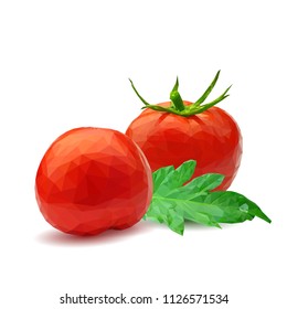 Fresh, nutritious, tasty red tomatoes. Delicious and healthy lunch. Vector illustration. Vegetables ingredients in triangulation technique. Tomato low poly. Cutting vegetable.