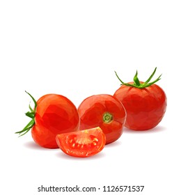 Fresh, nutritious, tasty red tomatoes. Delicious and healthy lunch. Vector illustration. Vegetables ingredients in triangulation technique. Tomato low poly. Cutting vegetable.