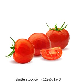 Fresh, nutritious, tasty red tomatoes. Delicious and healthy lunch. Vector illustration. Vegetables ingredients in triangulation technique. Tomato low poly. Cutting vegetable.