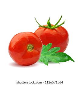Fresh, nutritious, tasty red tomatoes. Delicious and healthy lunch. Vector illustration. Vegetables ingredients in triangulation technique. Tomato low poly. Cutting vegetable.