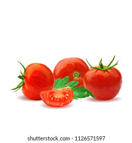 Fresh, nutritious, tasty red tomatoes. Delicious and healthy lunch. Vector illustration. Vegetables ingredients in triangulation technique. Tomato low poly. Cutting vegetable.