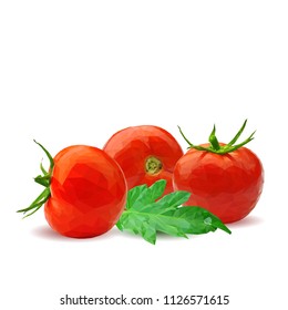 Fresh, nutritious, tasty red tomatoes. Delicious and healthy lunch. Vector illustration. Vegetables ingredients in triangulation technique. Tomato low poly. Cutting vegetable.