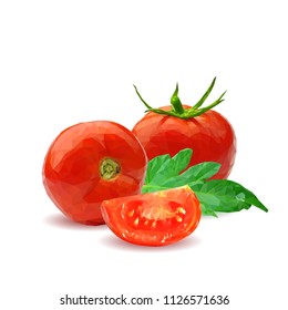 Fresh, nutritious, tasty red tomatoes. Delicious and healthy lunch. Vector illustration. Vegetables ingredients in triangulation technique. Tomato low poly. Cutting vegetable.