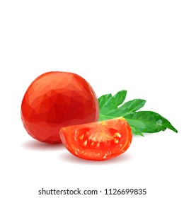 Fresh, nutritious, tasty red tomatoes. Delicious and healthy lunch. Vector illustration. Vegetables ingredients in triangulation technique. Tomato low poly. Cutting vegetable.