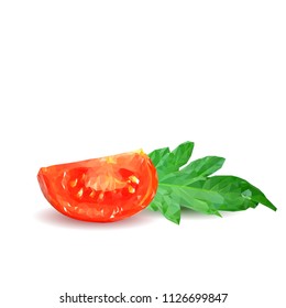 Fresh, nutritious, tasty red tomatoes. Delicious and healthy lunch. Vector illustration. Vegetables ingredients in triangulation technique. Tomato low poly. Cutting vegetable.