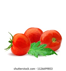 Fresh, nutritious, tasty red tomatoes. Delicious and healthy lunch. Vector illustration. Vegetables ingredients in triangulation technique. Tomato low poly. Cutting vegetable.