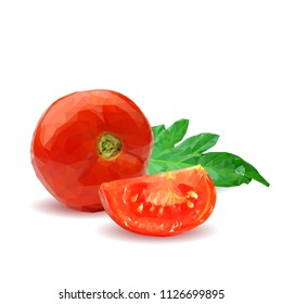 Fresh, nutritious, tasty red tomatoes. Delicious and healthy lunch. Vector illustration. Vegetables ingredients in triangulation technique. Tomato low poly. Cutting vegetable.