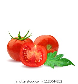 Fresh, nutritious, tasty red tomatoes. Delicious and healthy lunch. Vector illustration. Vegetables ingredients in triangulation technique. Tomato low poly. Cutting vegetable.