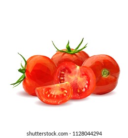 Fresh, nutritious, tasty red tomatoes. Delicious and healthy lunch. Vector illustration. Vegetables ingredients in triangulation technique. Tomato low poly. Cutting vegetable.