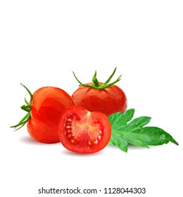 Fresh, nutritious, tasty red tomatoes. Delicious and healthy lunch. Vector illustration. Vegetables ingredients in triangulation technique. Tomato low poly. Cutting vegetable.