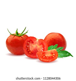 Fresh, nutritious, tasty red tomatoes. Delicious and healthy lunch. Vector illustration. Vegetables ingredients in triangulation technique. Tomato low poly. Cutting vegetable.