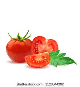 Fresh, nutritious, tasty red tomatoes. Delicious and healthy lunch. Vector illustration. Vegetables ingredients in triangulation technique. Tomato low poly. Cutting vegetable.
