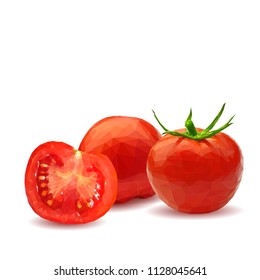 Fresh, nutritious, tasty red tomatoes. Delicious and healthy lunch. Vector illustration. Vegetables ingredients in triangulation technique. Tomato low poly. Cutting vegetable.