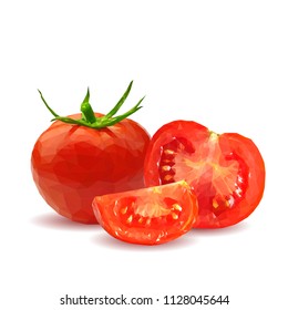 Fresh, nutritious, tasty red tomatoes. Delicious and healthy lunch. Vector illustration. Vegetables ingredients in triangulation technique. Tomato low poly. Cutting vegetable.