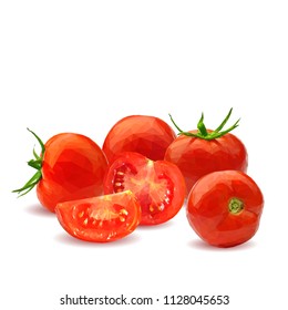 Fresh, nutritious, tasty red tomatoes. Delicious and healthy lunch. Vector illustration. Vegetables ingredients in triangulation technique. Tomato low poly. Cutting vegetable.