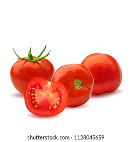 Fresh, nutritious, tasty red tomatoes. Delicious and healthy lunch. Vector illustration. Vegetables ingredients in triangulation technique. Tomato low poly. Cutting vegetable.