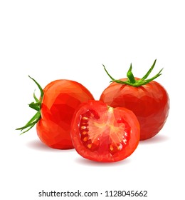 Fresh, nutritious, tasty red tomatoes. Delicious and healthy lunch. Vector illustration. Vegetables ingredients in triangulation technique. Tomato low poly. Cutting vegetable.