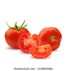 Fresh, nutritious, tasty red tomatoes. Delicious and healthy lunch. Vector illustration. Vegetables ingredients in triangulation technique. Tomato low poly. Cutting vegetable.