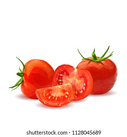 Fresh, nutritious, tasty red tomatoes. Delicious and healthy lunch. Vector illustration. Vegetables ingredients in triangulation technique. Tomato low poly. Cutting vegetable.