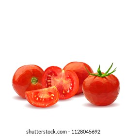 Fresh, nutritious, tasty red tomatoes. Delicious and healthy lunch. Vector illustration. Vegetables ingredients in triangulation technique. Tomato low poly. Cutting vegetable.