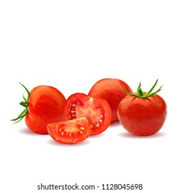 Fresh, nutritious, tasty red tomatoes. Delicious and healthy lunch. Vector illustration. Vegetables ingredients in triangulation technique. Tomato low poly. Cutting vegetable.