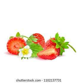 Fresh, nutritious and tasty strawberries. Bloom of strawberries. Elements for label design. Vector illustration. Berries ingredients in triangulation technique. Strawberries low poly.