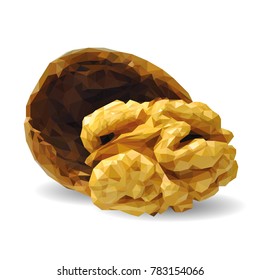Fresh, nutritious, tasty walnut. Nuts ingredients in triangulation technique. Vector illustration. Nuts ingredients in triangulation technique. Walnut low poly