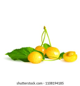 Fresh, nutritious and tasty yellow cherries. Symbols of Fruit. Elements for label design. Vector illustration. Fruit ingredients in triangulation technique. Yellow cherries low poly.
