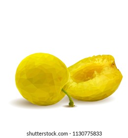 Fresh, nutritious, tasty yellow cherry plum. Delicious and healthy dessert. Elements for label design. Vector illustration. Fruits ingredients in triangulation technique. Cherry plum low poly. 