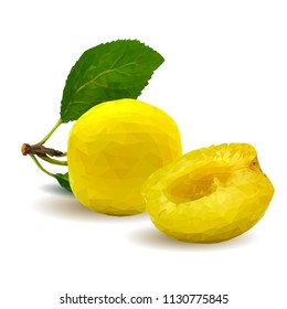 Fresh, nutritious, tasty yellow cherry plum. Delicious and healthy dessert. Elements for label design. Vector illustration. Fruits ingredients in triangulation technique. Cherry plum low poly. 