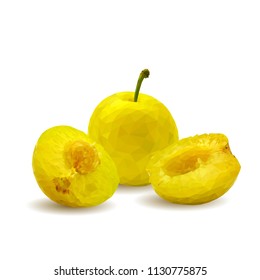 Fresh, nutritious, tasty yellow cherry plum. Delicious and healthy dessert. Elements for label design. Vector illustration. Fruits ingredients in triangulation technique. Cherry plum low poly. 