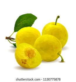 Fresh, nutritious, tasty yellow cherry plum. Delicious and healthy dessert. Elements for label design. Vector illustration. Fruits ingredients in triangulation technique. Cherry plum low poly. 