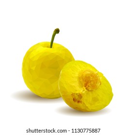 Fresh, nutritious, tasty yellow cherry plum. Delicious and healthy dessert. Elements for label design. Vector illustration. Fruits ingredients in triangulation technique. Cherry plum low poly. 