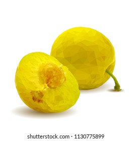 Fresh, nutritious, tasty yellow cherry plum. Delicious and healthy dessert. Elements for label design. Vector illustration. Fruits ingredients in triangulation technique. Cherry plum low poly. 