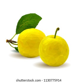 Fresh, nutritious, tasty yellow cherry plum. Delicious and healthy dessert. Elements for label design. Vector illustration. Fruits ingredients in triangulation technique. Cherry plum low poly. 