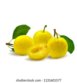 Fresh, nutritious, tasty yellow cherry plum. Delicious and healthy dessert. Elements for label design. Vector illustration. Fruits ingredients in triangulation technique. Cherry plum low poly. 