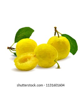Fresh, nutritious, tasty yellow cherry plum. Delicious and healthy dessert. Elements for label design. Vector illustration. Fruits ingredients in triangulation technique. Cherry plum low poly. 