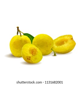 Fresh, nutritious, tasty yellow cherry plum. Delicious and healthy dessert. Elements for label design. Vector illustration. Fruits ingredients in triangulation technique. Cherry plum low 