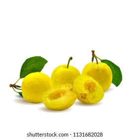 Fresh, nutritious, tasty yellow cherry plum. Delicious and healthy dessert. Elements for label design. Vector illustration. Fruits ingredients in triangulation technique. Cherry plum low 