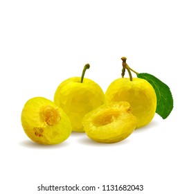Fresh, nutritious, tasty yellow cherry plum. Delicious and healthy dessert. Elements for label design. Vector illustration. Fruits ingredients in triangulation technique. Cherry plum low 
