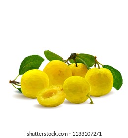 Fresh, nutritious, tasty yellow cherry plum. Delicious and healthy dessert. Elements for label design. Vector illustration. Fruits ingredients in triangulation technique. Cherry plum low poly. 