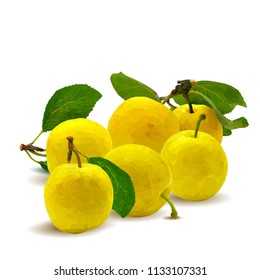 Fresh, nutritious, tasty yellow cherry plum. Delicious and healthy dessert. Elements for label design. Vector illustration. Fruits ingredients in triangulation technique. Cherry plum low poly. 