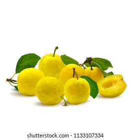 Fresh, nutritious, tasty yellow cherry plum. Delicious and healthy dessert. Elements for label design. Vector illustration. Fruits ingredients in triangulation technique. Cherry plum low poly. 