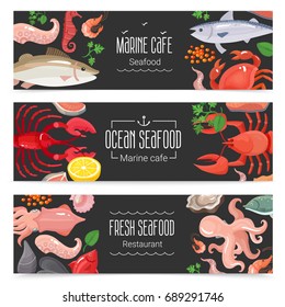 Fresh ocean seafood marine cafe 3 horizontal blackboard banners collection with colorful menu items isolated vector illustration 